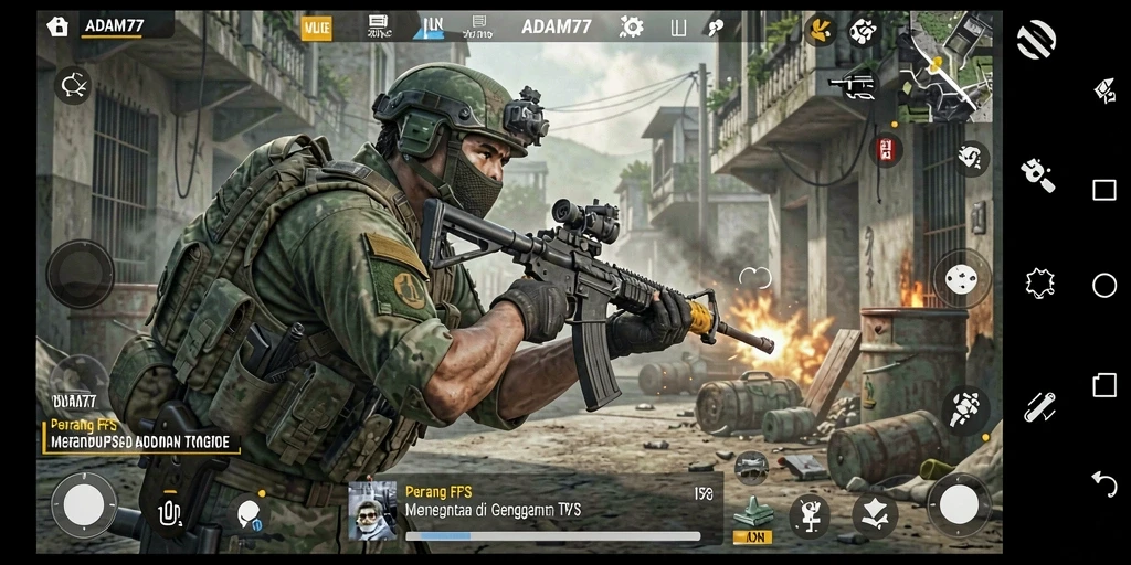 Tangkapan layar gameplay ADAM77 menampilkan aksi FPS yang mendebarkan.