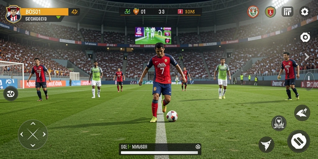 Screenshot gameplay BOS01 dengan aksi sepak bola yang intens.