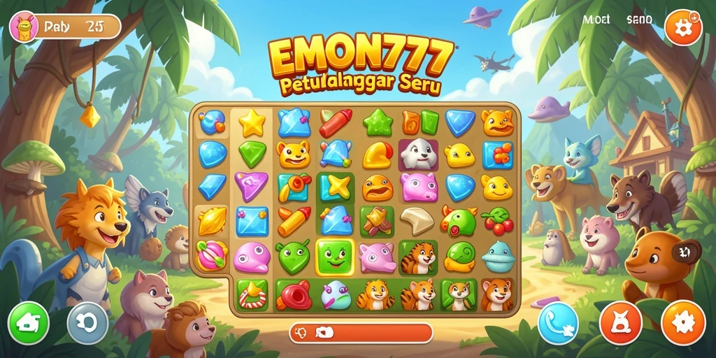 Screenshot menunjukkan gameplay Match-3 yang seru dan penuh warna.