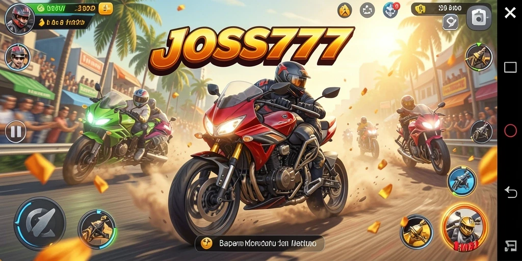 Screenshot gameplay JOSS777 menampilkan balapan motor yang seru.