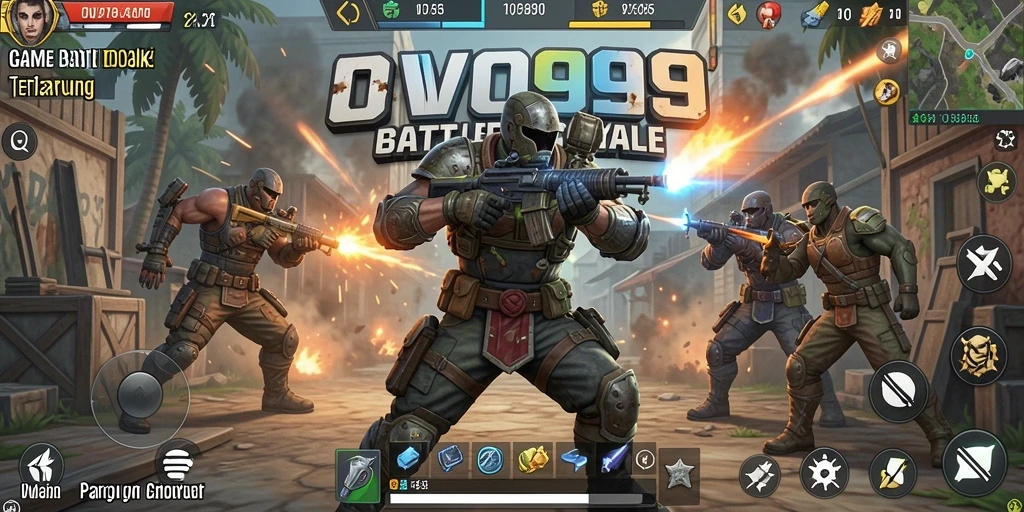 Tangkapan layar utama OVO99 menunjukkan pertarungan mendebarkan dalam gaya Battle Royale.