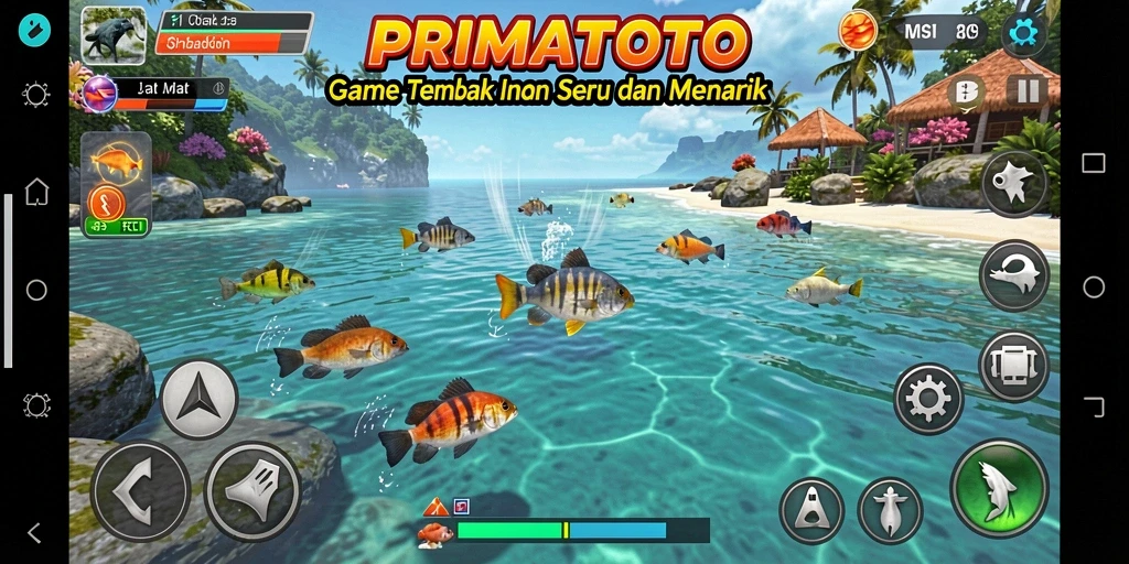 Tampilan menarik dari gameplay PRIMATOTO saat menembak ikan.