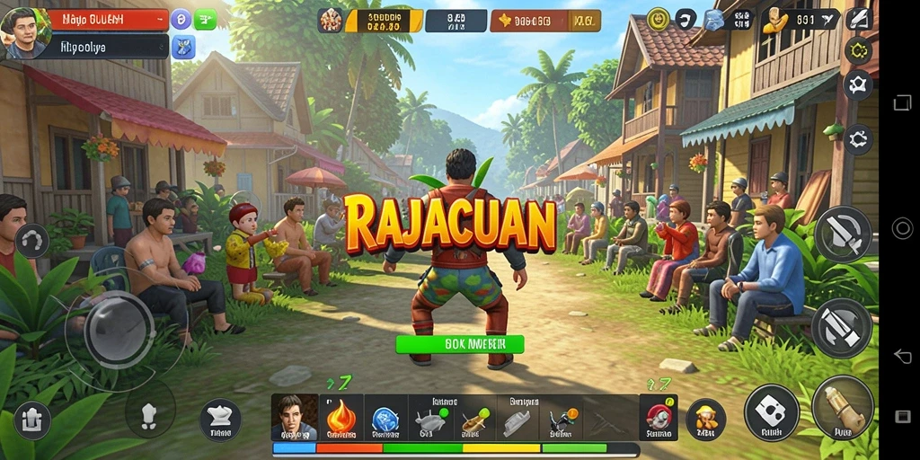 Tampilan gameplay RAJACUAN yang menampilkan aktivitas simulasi kehidupan.