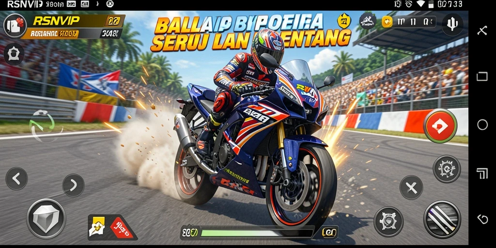 Screenshot gameplay RSNVIP yang menampilkan balapan motor yang seru.