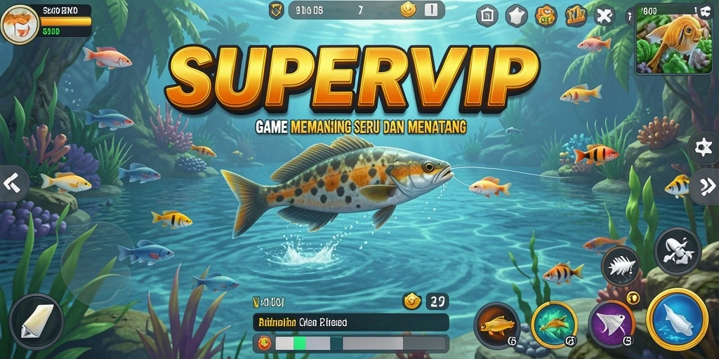 Gameplay seru dalam SUPERVIP saat menangkap ikan besar.