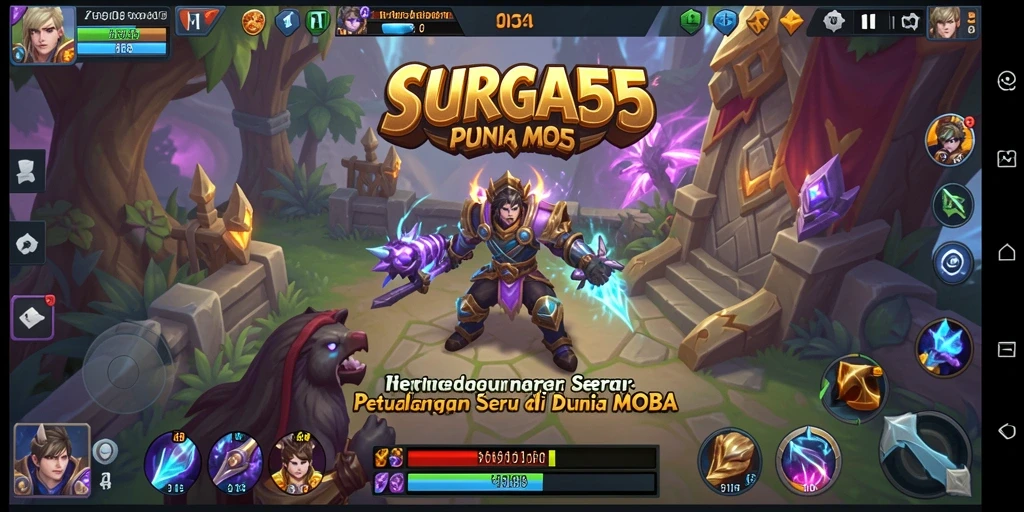 Tangkapan layar utama SURGA55 menunjukkan aksi seru di arena MOBA.