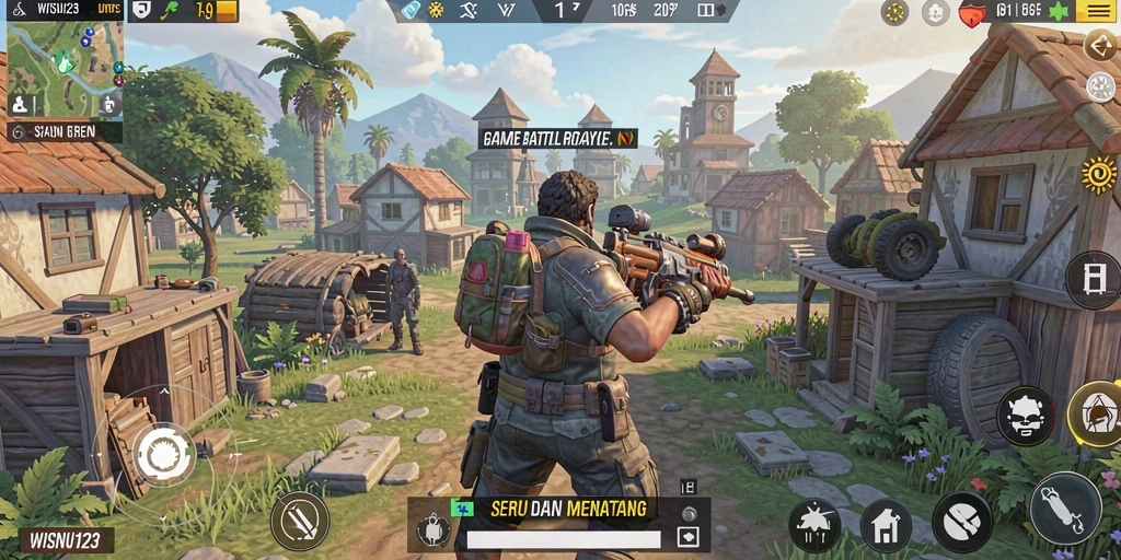 Gameplay seru di WISNU123 menunjukkan aksi Battle Royale.